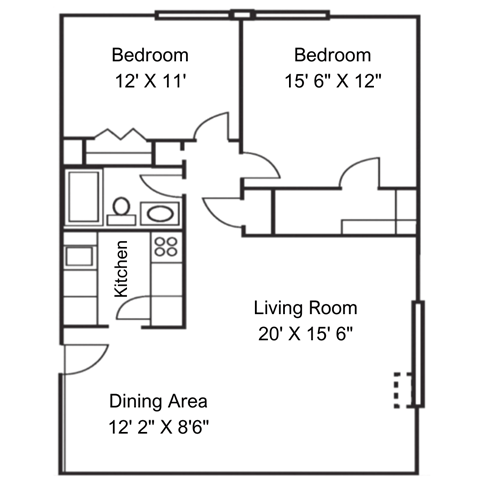 Floor plan for 2 beds, 1 bath, 920 sqft